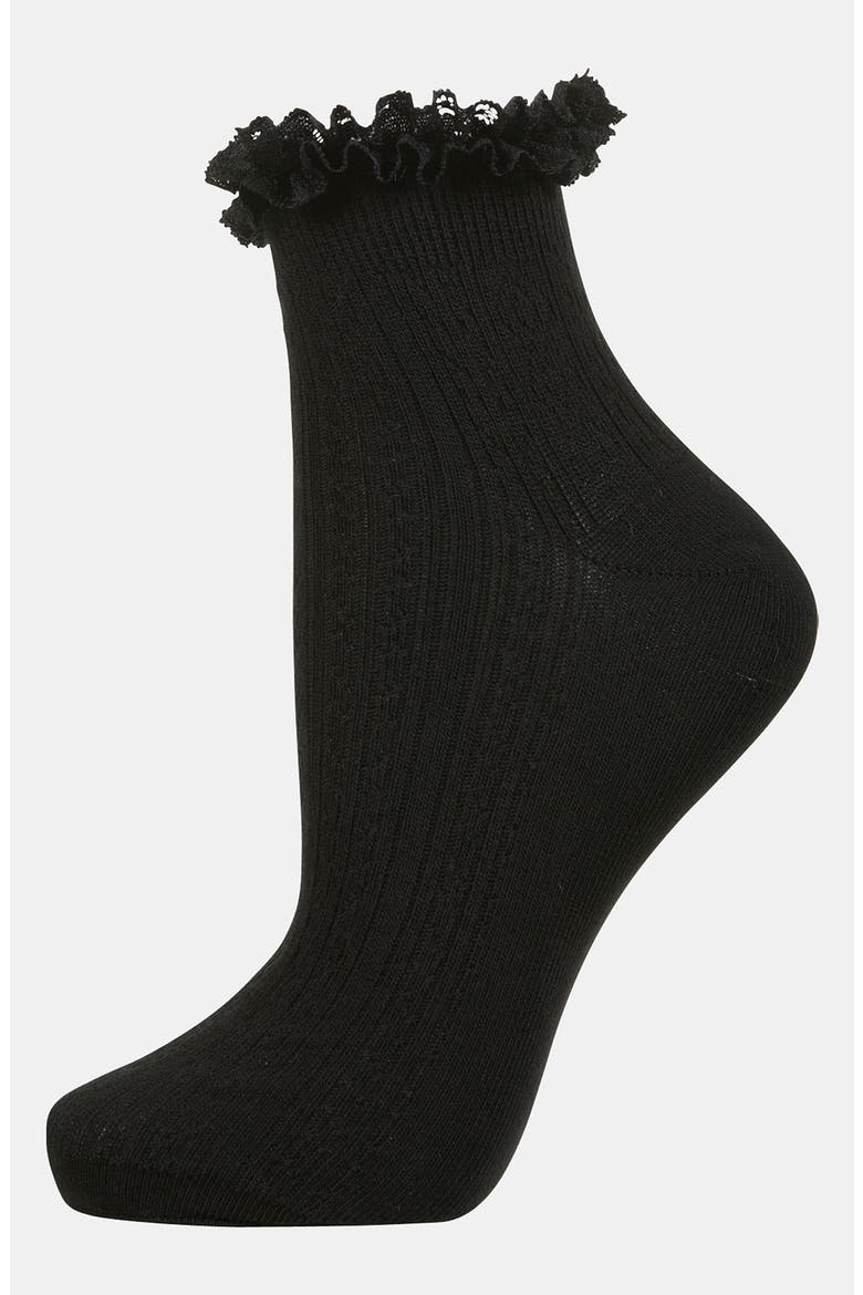 Lace Trim Ankle Socks, Main, color, BLACK