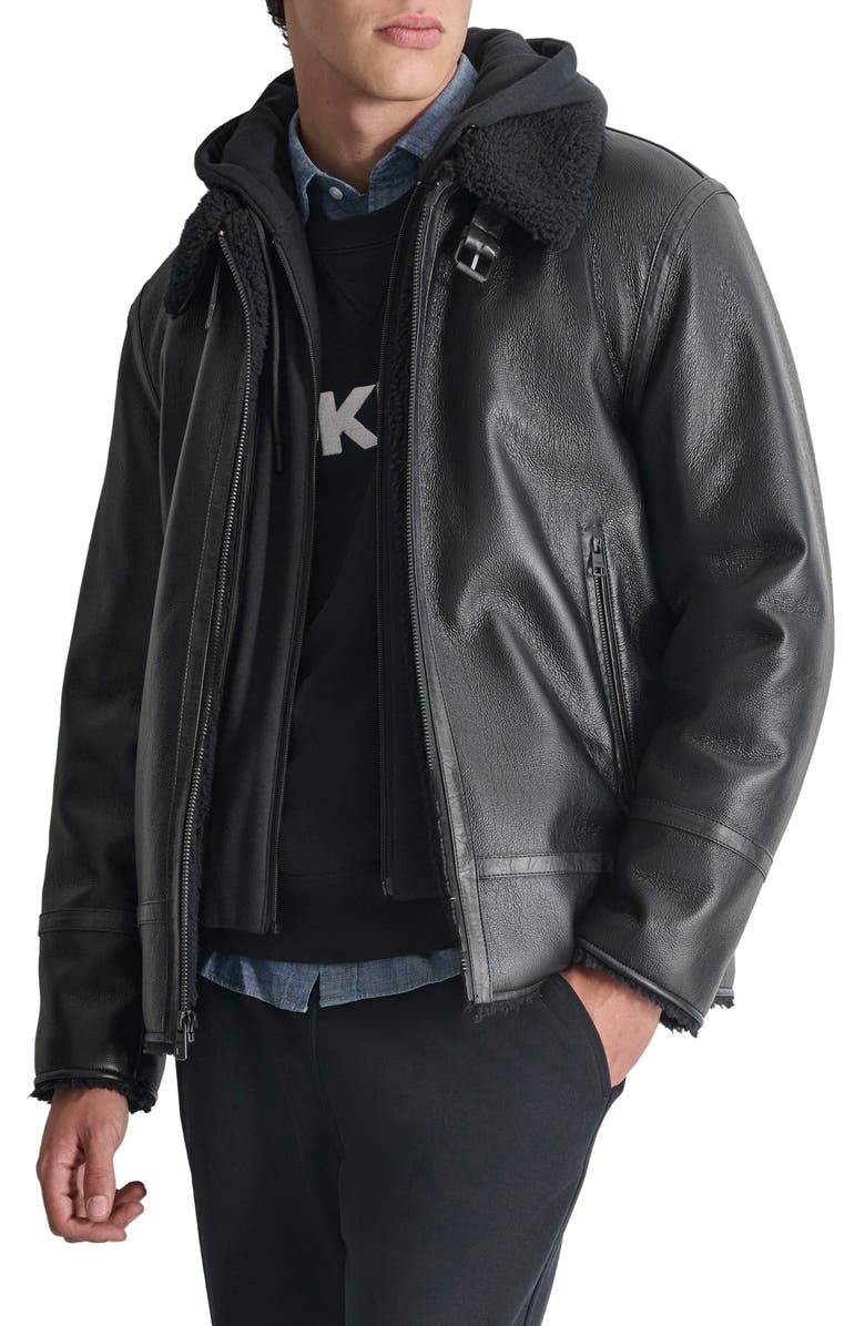 DKNY Water Resistant Faux Shearling Lined Jacket, Alternate, color, Black