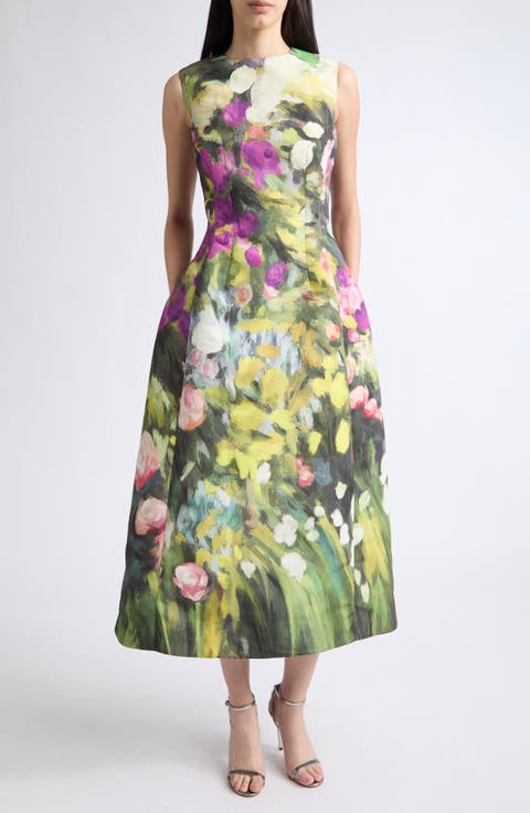 Abstract Garden Print Sleeveless Faille Dress