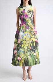 Oscar de la Renta Abstract Garden Print Sleeveless Faille Dress