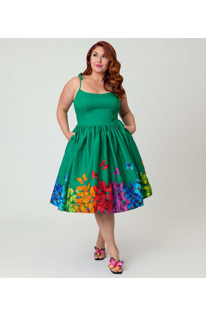 Unique Vintage Plus Size 1950s Bobbie Swing Dress, Alternate, color, Green W/ Rainbow Butterflies