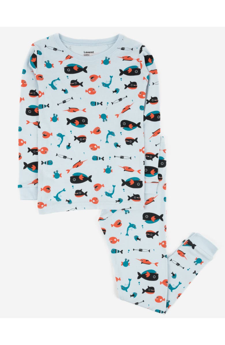 Leveret Kids Cotton Two-Piece Printed Pajamas, Animals & Characters, Main, color, Sharks Light Blue