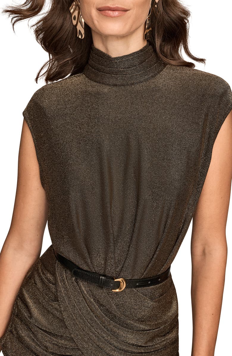 Donna Karan New York Ruched Metallic Belted Mock Neck Top, Alternate, color, Black/ Gold