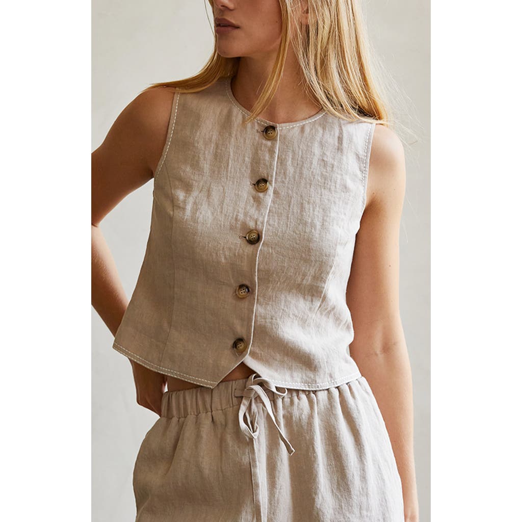 Crescent Contrast Stitch Linen Vest In White