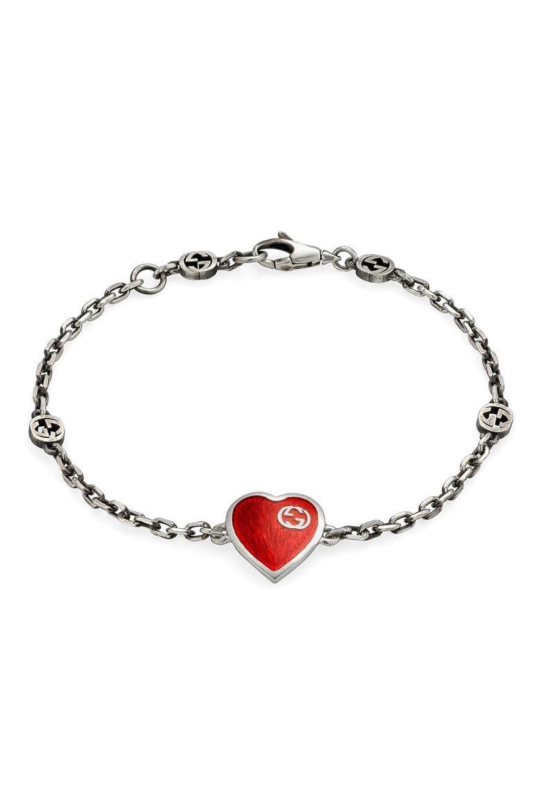 Extra Small Interlocking-G Red Heart Bracelet, Main, color, SILVER/ RED