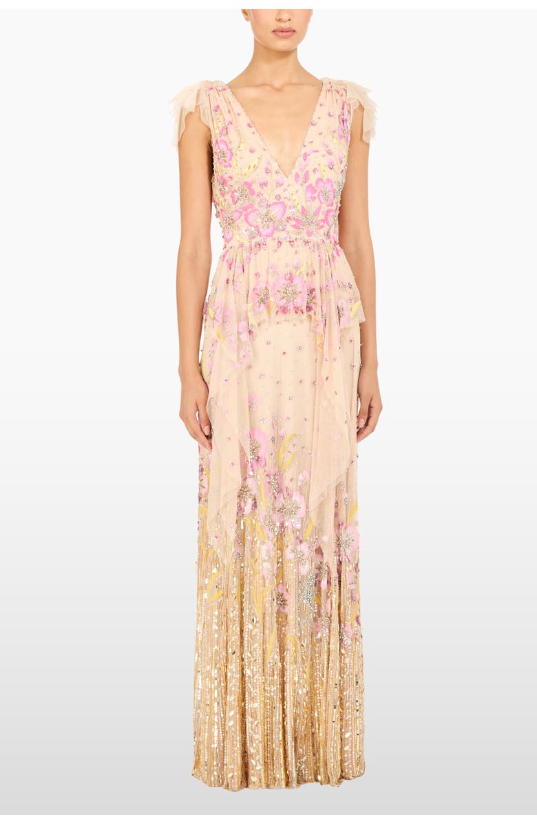 Jenny Packham Flower Power Floral Sequin-Embellished Gown, Main, color, Morganite