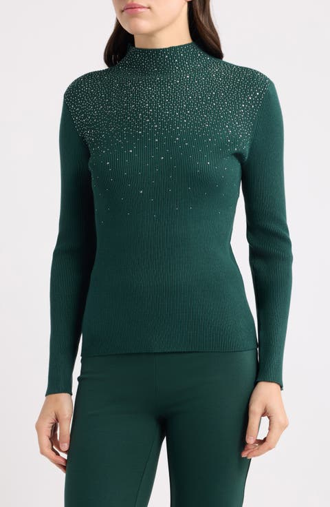 Crystal Detail Mock Neck Sweater