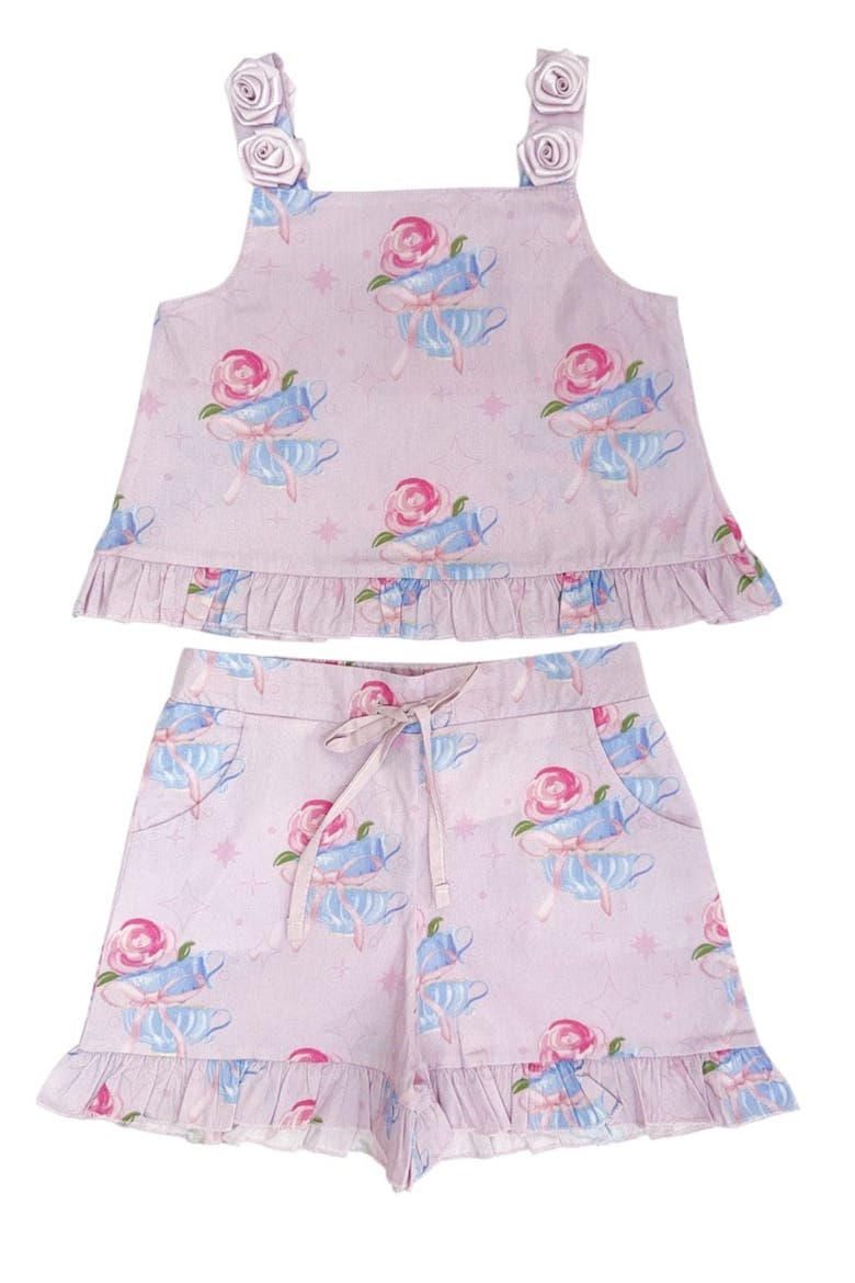 Maya Teacup Pink Girls Top and Shorts Set, Main, color, Pink Teacup Design