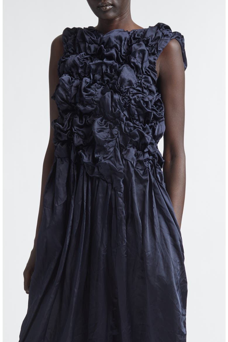 Gathered Ruffle Satin Dress, Alternate, color, NAVY