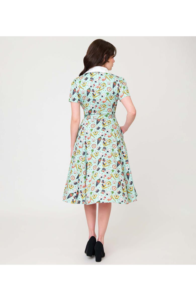 Unique Vintage 1950s Collared Shirt Dress, Alternate, color, Green Sushi Print