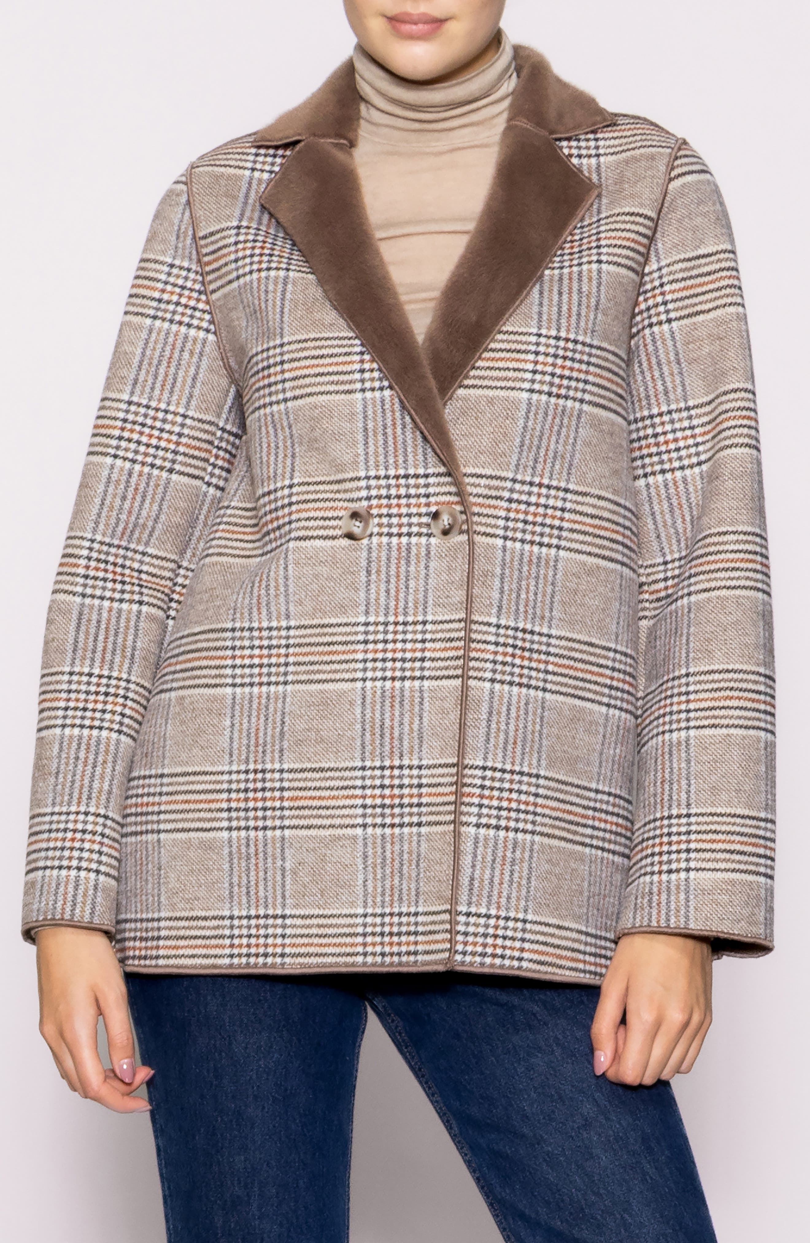 MELLODAY Plaid Faux Fur Trim Jacket