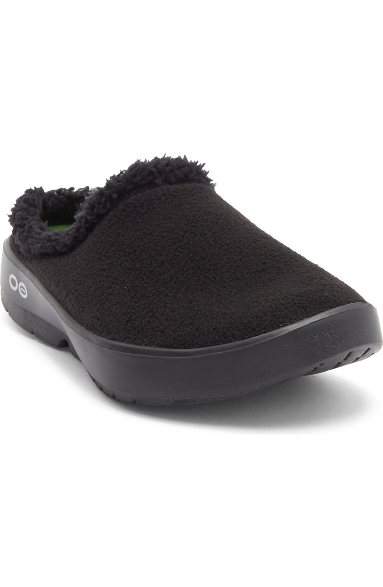 Oofos Gender Inclusive Oocoozie Fleece Clog Slipper, Main, color, Black
