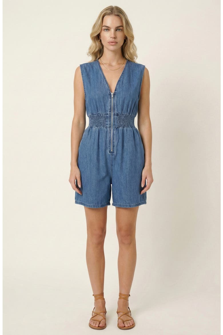 Denim Cap Sleeve Smocked Romper, Main, color, Medium Wash Blue