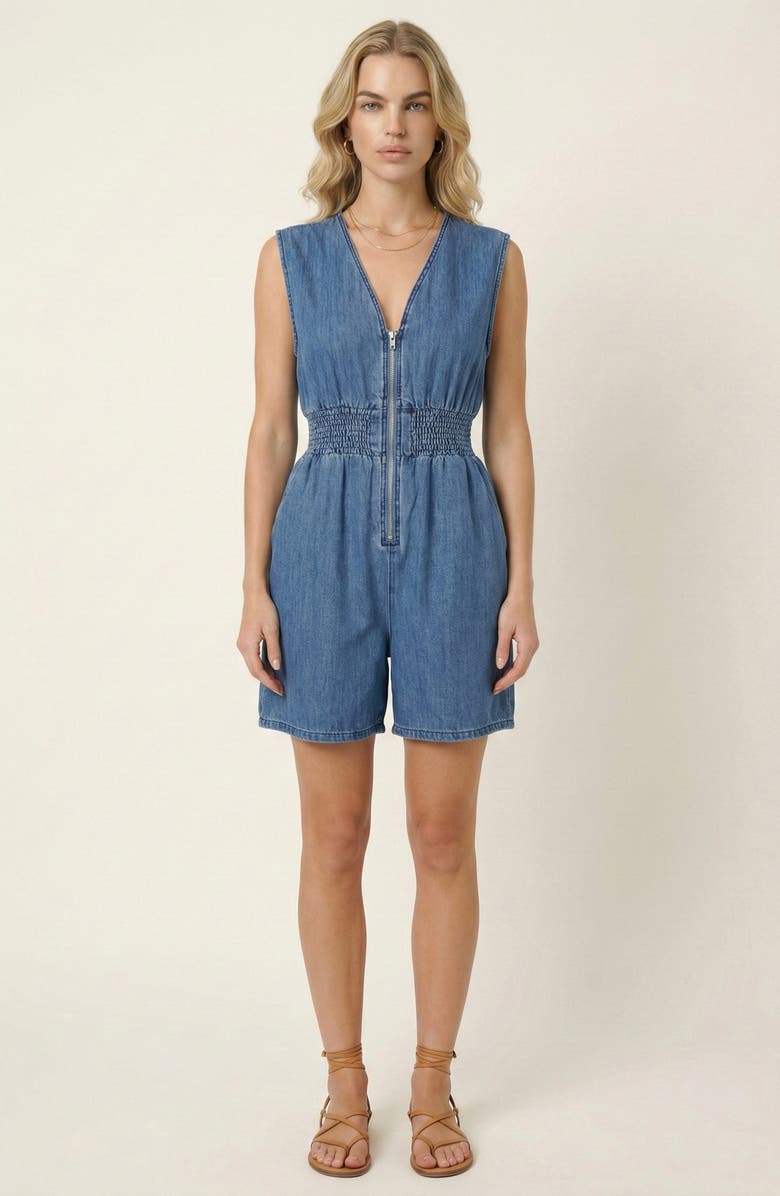 Modenaire Denim Cap Sleeve Smocked Romper, Main, color, Medium Wash Blue
