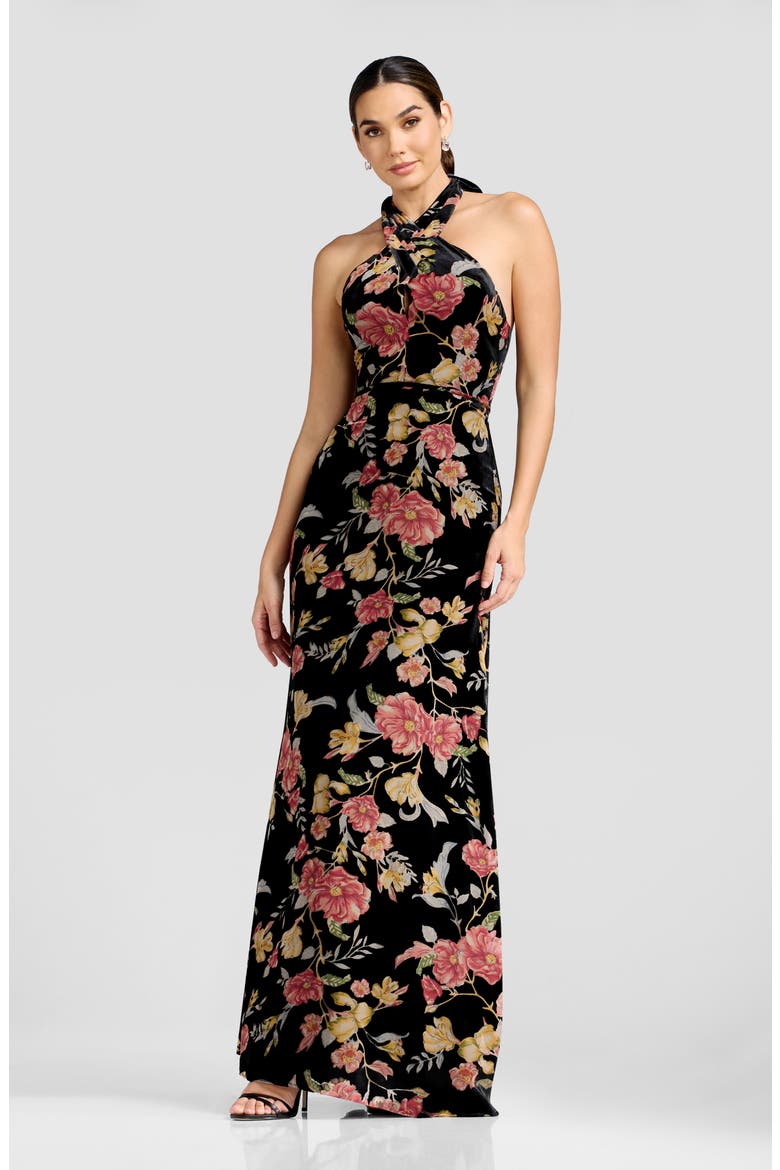 Brighton Floral Burnout Velvet Halter Gown, Alternate, color, BLACK MULTI