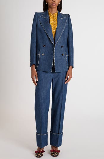 Valentino Garavani Piped Double Breasted Denim Blazer