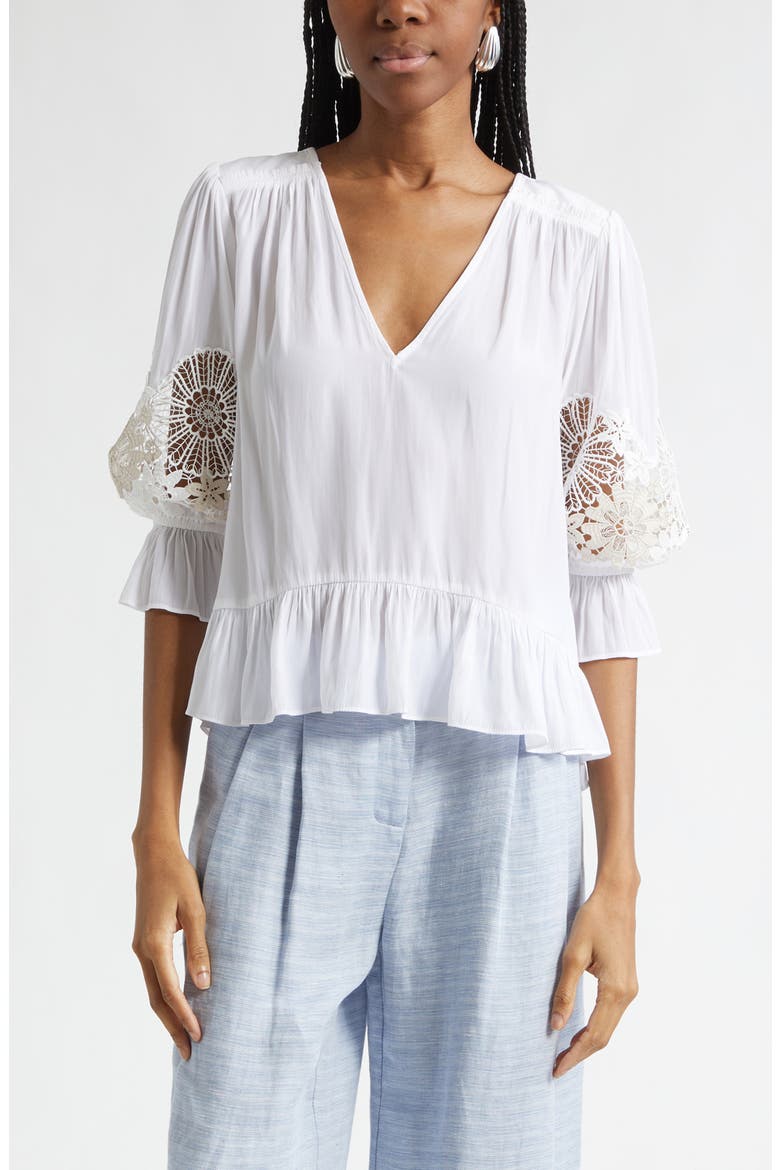 Berry Lace Inset Puff Sleeve Peplum Top, Main, color, IVORY