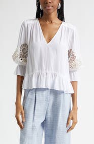 Ramy Brook Berry Lace Inset Puff Sleeve Peplum Top