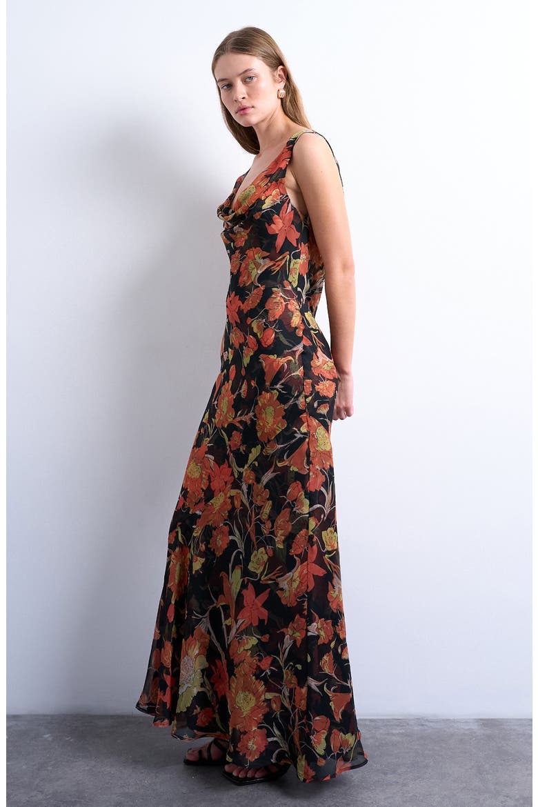 Floral Cowl Neck Chiffon Maxi Dress, Main, color, BLACK MULTI