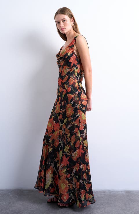 Floral Cowl Neck Chiffon Maxi Dress