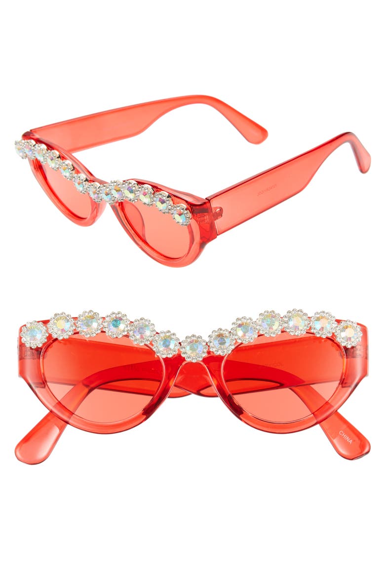 50mm Chunky Crystal Embellished Sunglasses, Main, color, RED