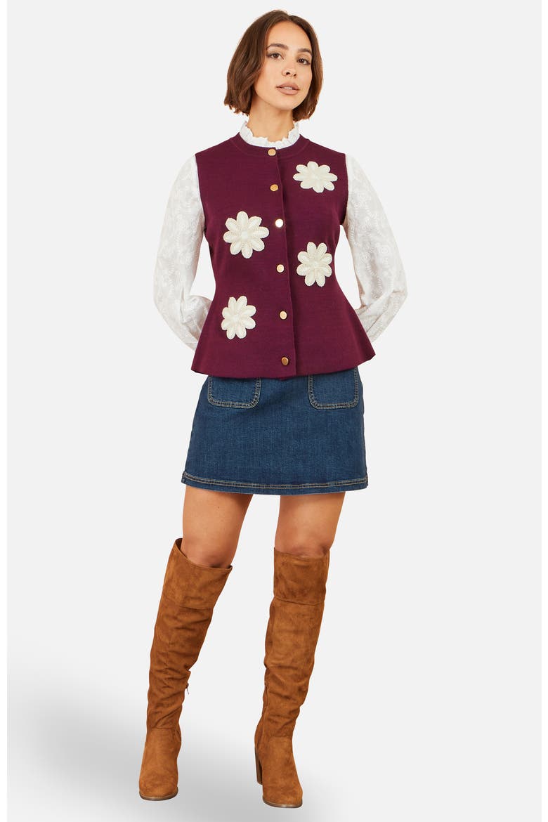 Flower Appliqué Knit Waistcoat, Alternate, color, Burgundy
