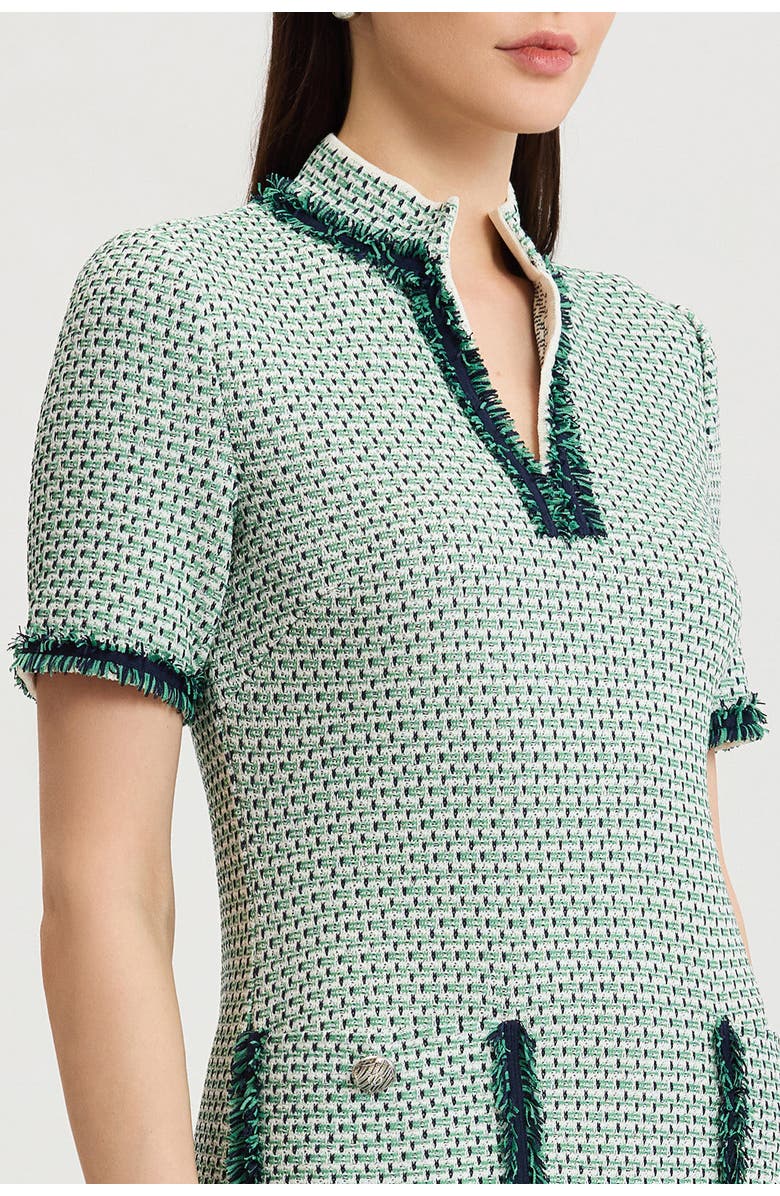Ming Wang Fringe Trim Jacquard Basketweave Knit Sheath Dress, Alternate, color, Kelly Green/Indigo/Ivory