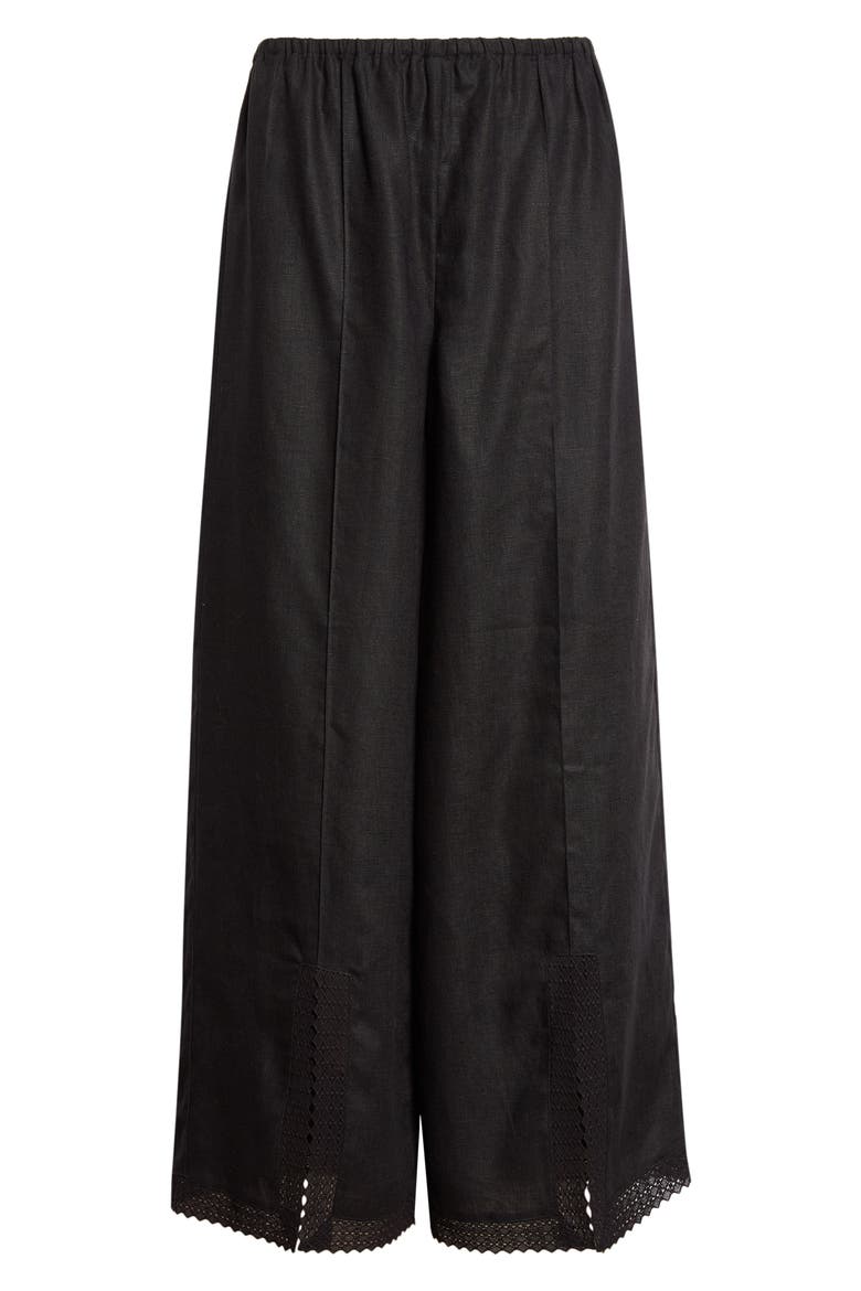 Alfie Lace Trim Wide Leg Linen Pants, Alternate, color, BLACK