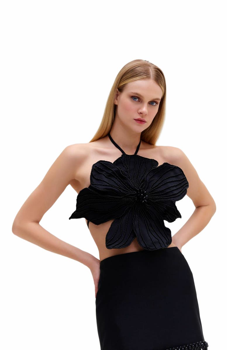 PatBO Hand-Beaded Flower Top, Alternate, color, Black