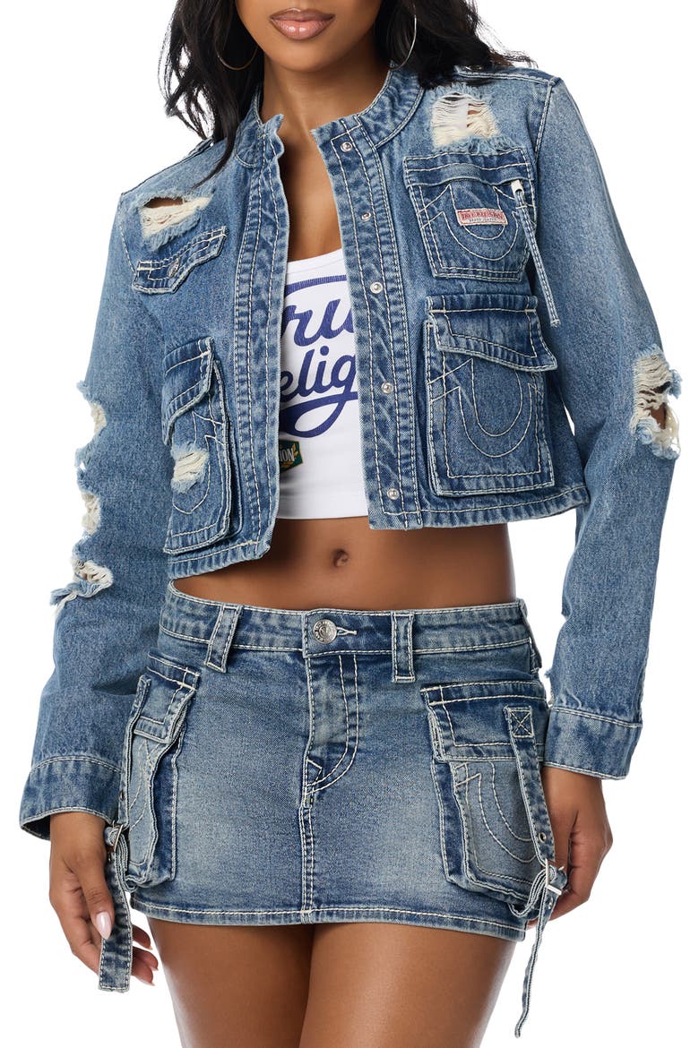 Distressed Stretch Denim Cargo Jacket, Main, color, VENTURA TIDE W DESTROY