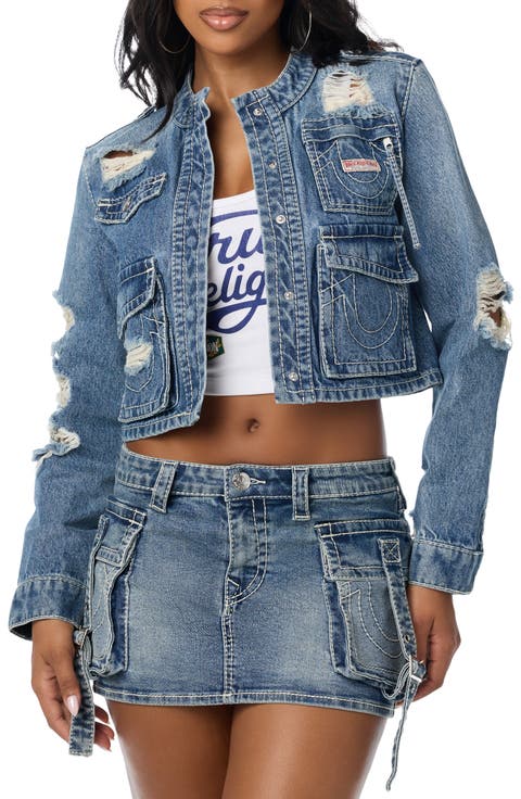 Distressed Stretch Denim Cargo Jacket