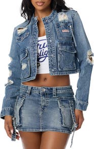 True Religion Distressed Stretch Denim Cargo Jacket