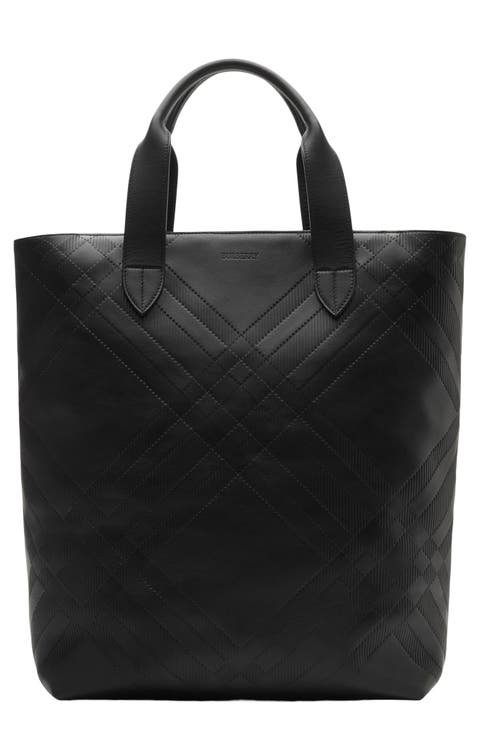 Check North/South Leather Tote