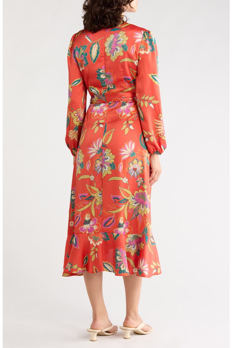 Tie Waist Long Sleeve Midi Dress, Alternate, color, TOMATO MULTI