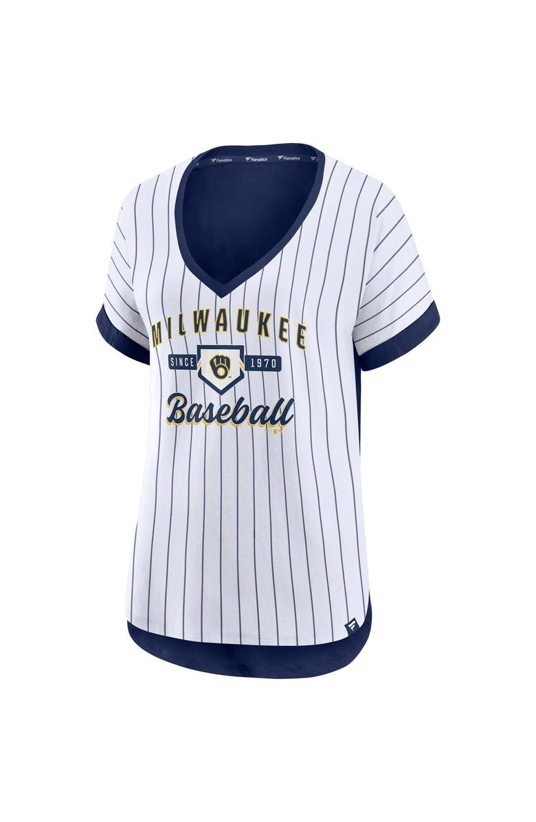 FANATICS Women's Fanatics Branded White/Navy Milwaukee Brewers Iconic Noise Factor Pinstripe V-Neck T-Shirt, Alternate, color,