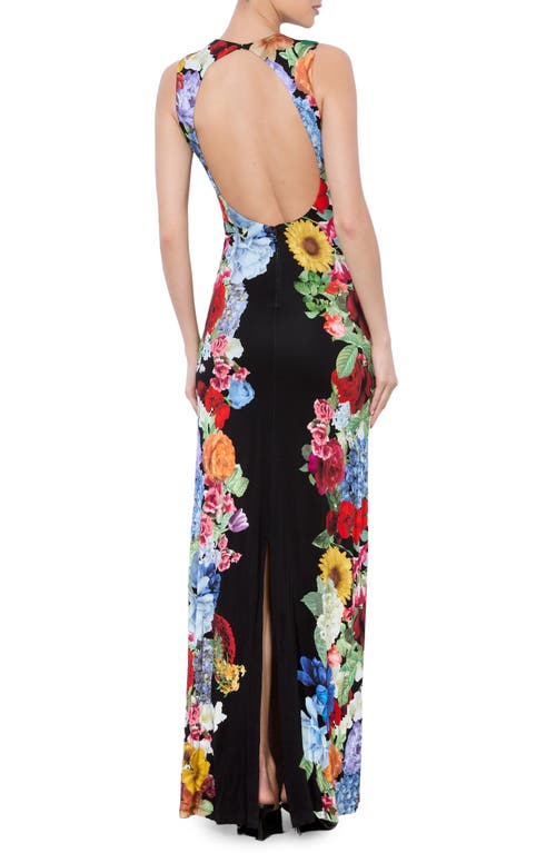 Shop Alice And Olivia Alice + Olivia Delora Placed Floral Open Back Maxi Dress In Garden Brunch Black
