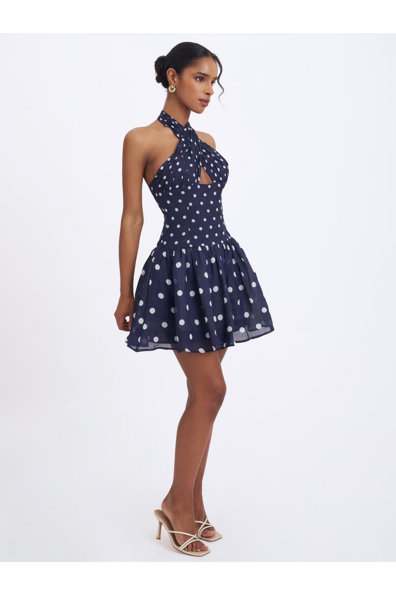 Yamina Polka Dot Ramie Crossover Halter Gathered Mini Dress, Alternate, color, Navy