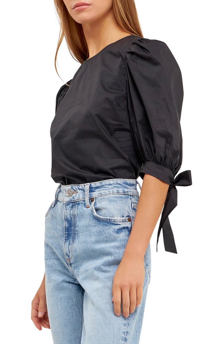 English Factory Bow Banded Puff Sleeve Blouse, Alternate, color, Black