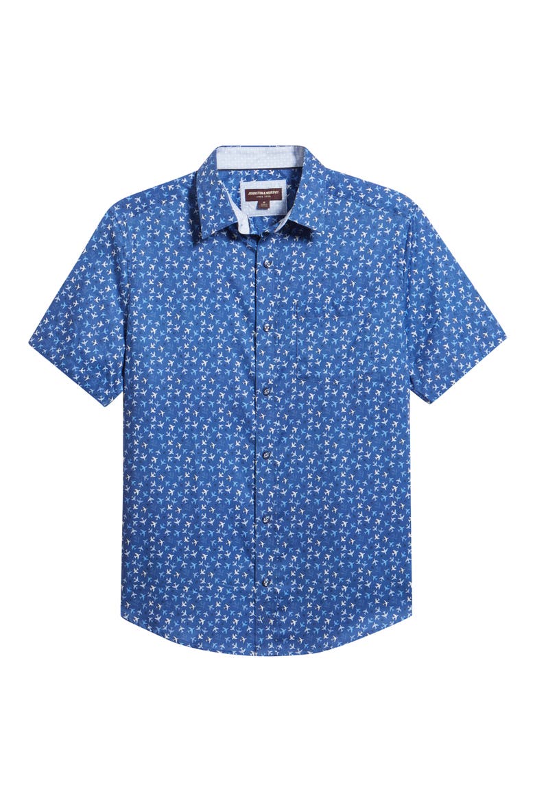 Logan Airplane Print Short Sleeve Cotton Blend Button-Up Shirt, Alternate, color, NAVY FLIGHT PATHS