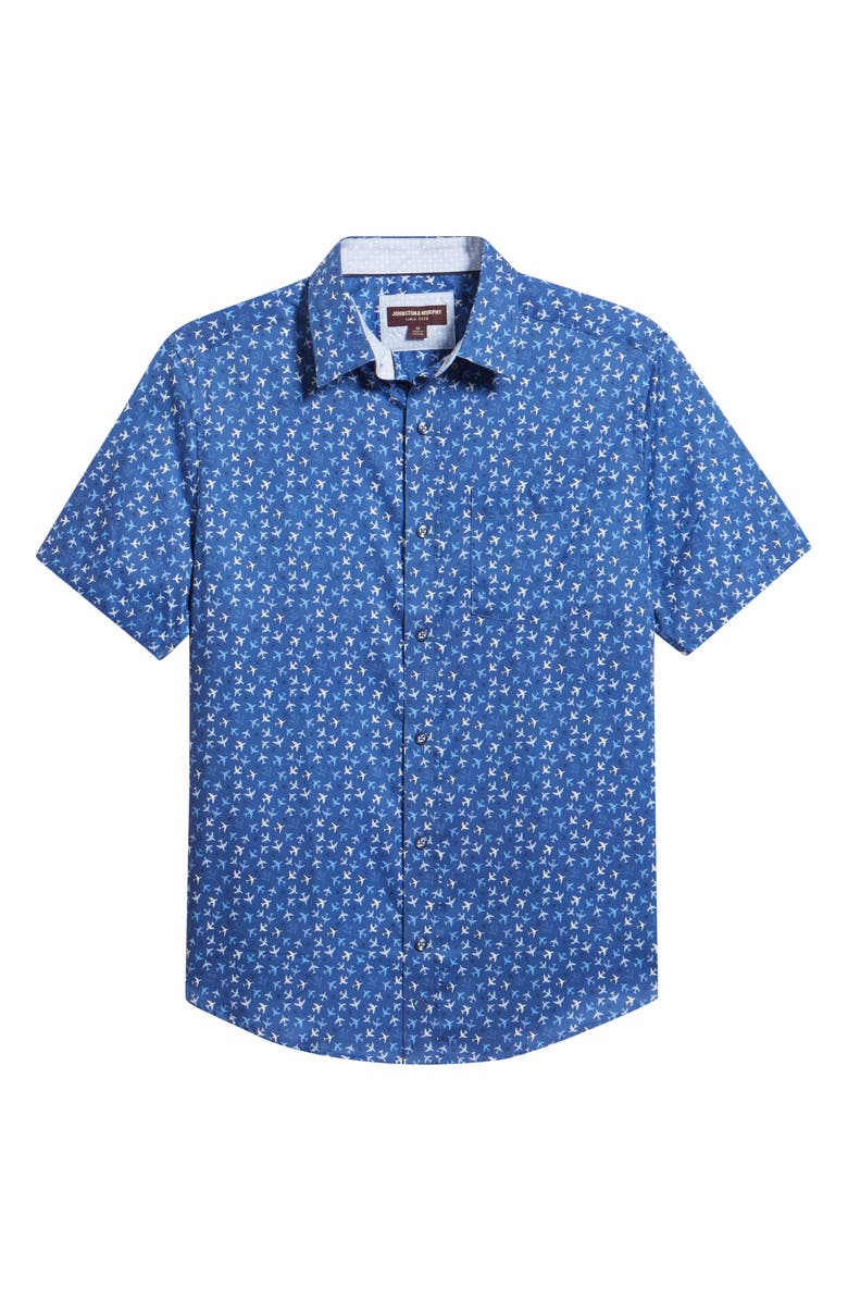 Johnston & Murphy Logan Airplane Print Short Sleeve Cotton Blend Button-Up Shirt, Main, color, Navy Flight Paths