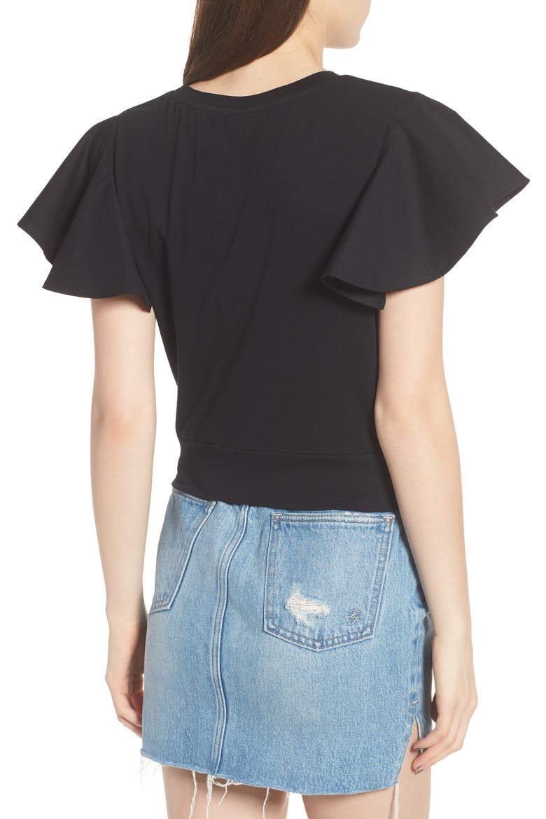 Ruffle Sleeve Twist Hem Tee, Alternate, color, BLACK