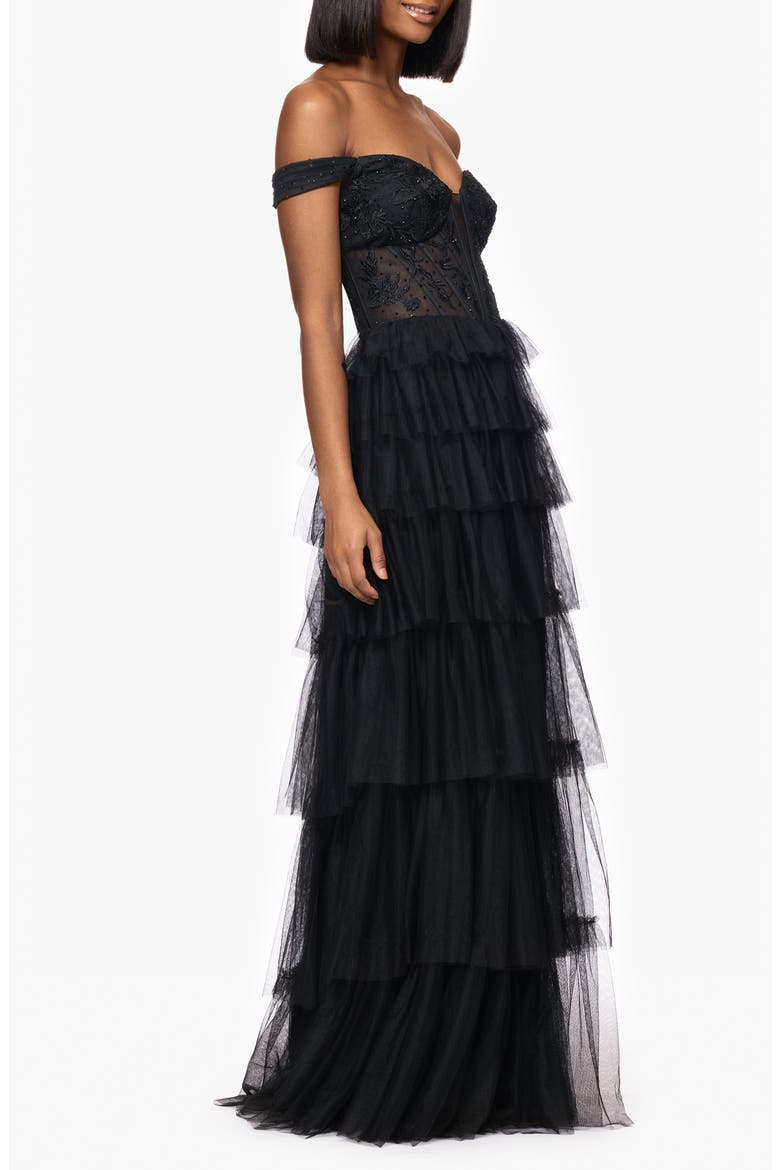 Tiered Ruffle Off the Shoulder Corset Gown, Alternate, color, BLACK