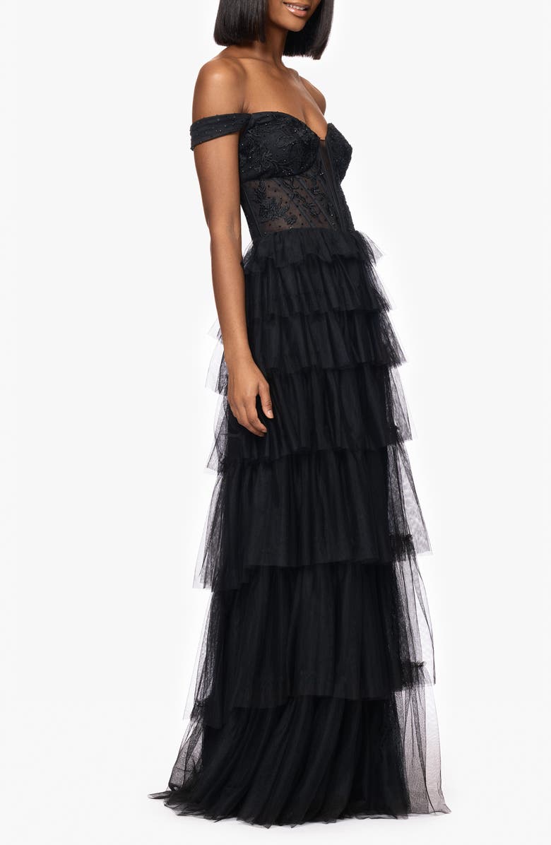 Blondie Nites Tiered Ruffle Off the Shoulder Corset Gown, Alternate, color, Black