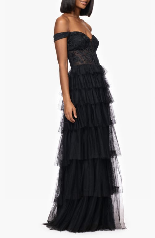 Blondie Nites Tiered Ruffle Off The Shoulder Corset Gown In Black