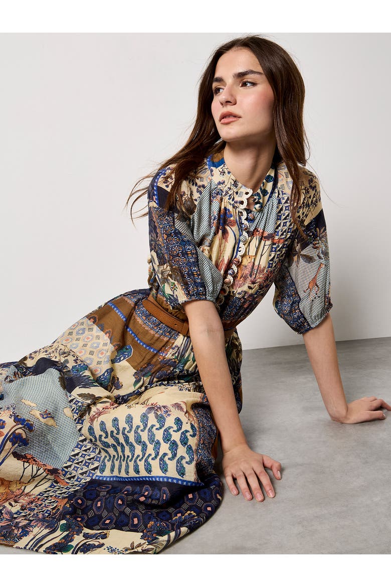 High Neck Patchwork Midi Shirt Dress, Alternate, color, Navy