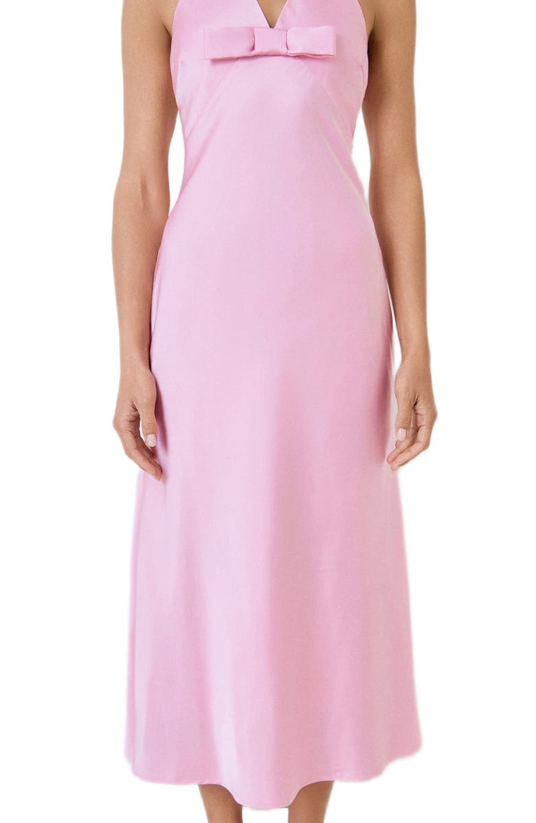 MARSY Bow Halter Satin Maxi Dress, Alternate, color, Pink