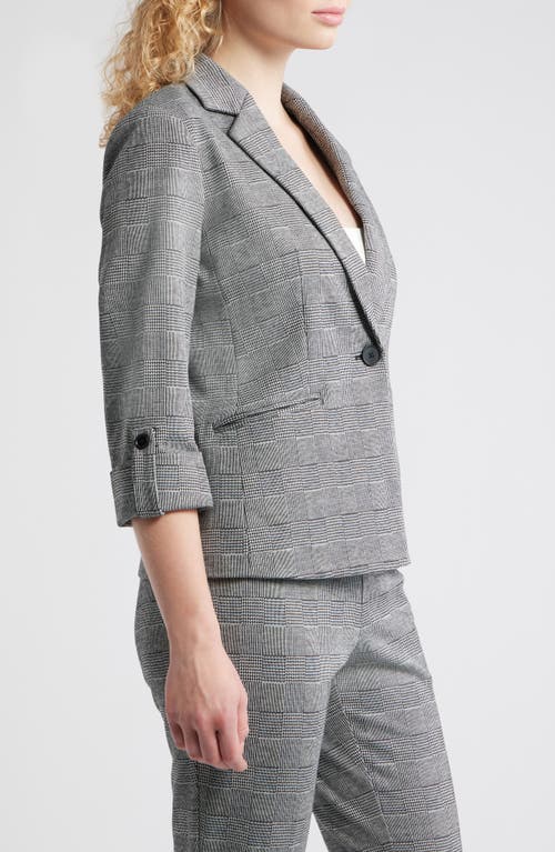 Ak Anne Klein Windowpane Plaid Roll-tab Sleeve Jacket In Gray