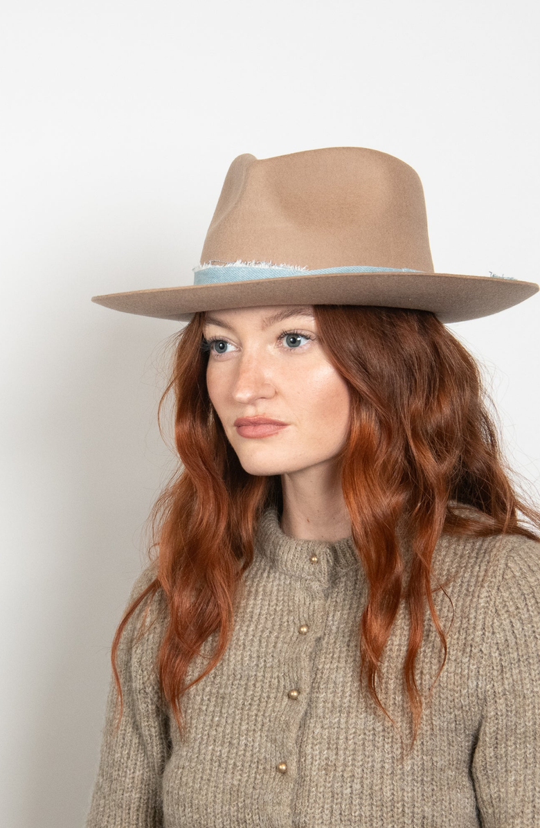 W Y E T H Denim Wrap Beaded Trim Scout Fedora, Alternate, color, Taupe
