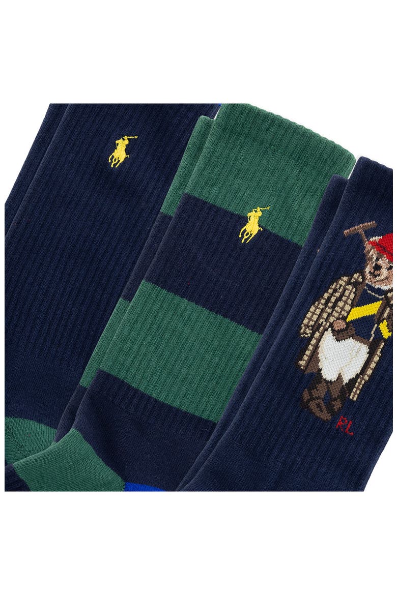 Assorted 3-Pack Polo Society Bear Crew Socks, Alternate, color, NAVY