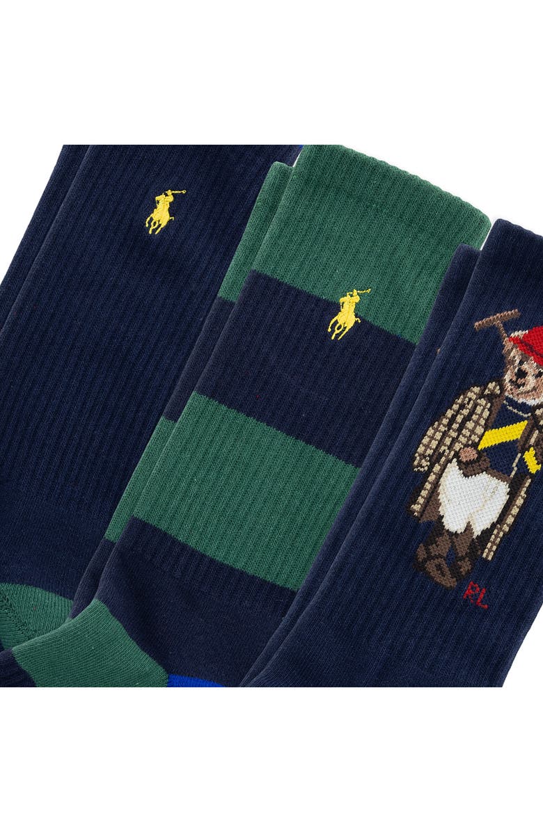Polo Ralph Lauren Assorted 3-Pack Polo Society Bear Crew Socks, Alternate, color, Navy